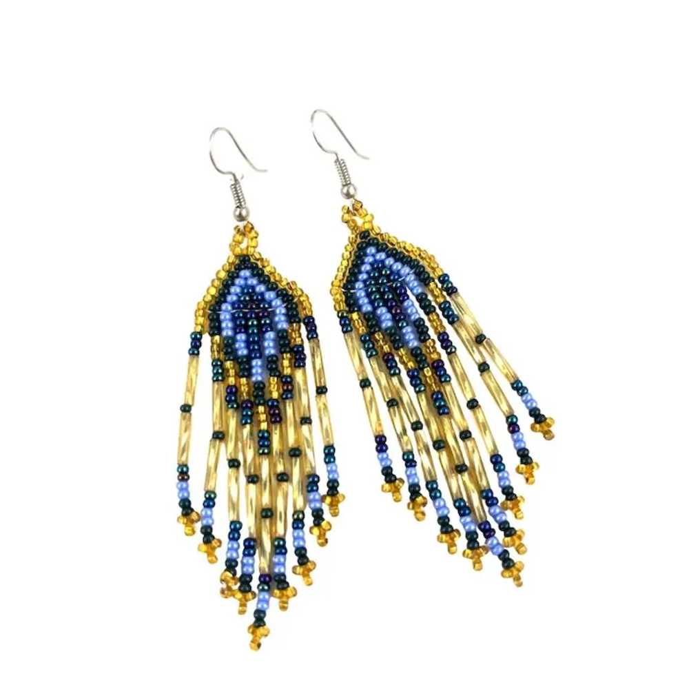 Handmade Blue Gold Beaded Dangle Earrings - image 2