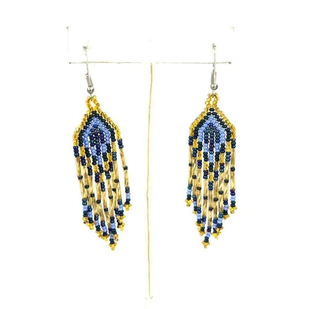 Handmade Blue Gold Beaded Dangle Earrings - image 3