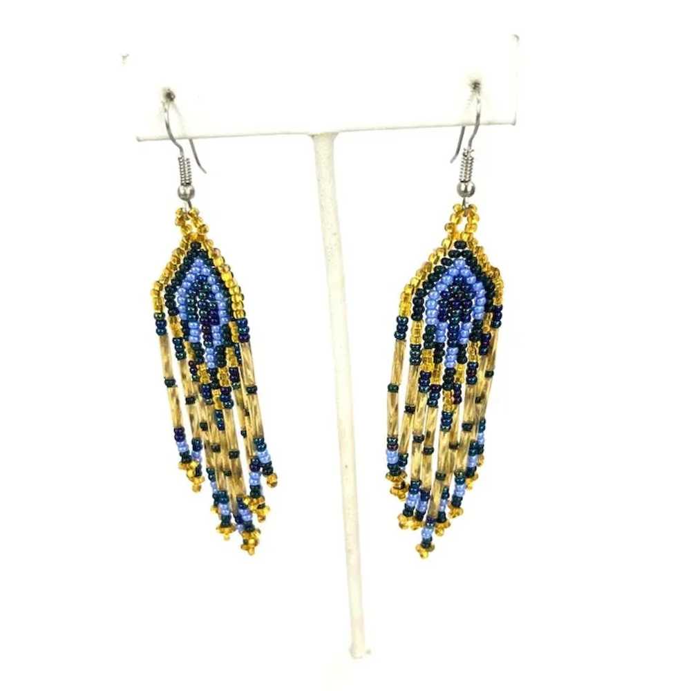 Handmade Blue Gold Beaded Dangle Earrings - image 4