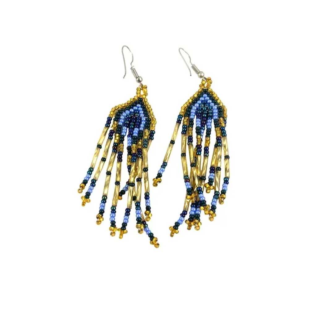 Handmade Blue Gold Beaded Dangle Earrings - image 5