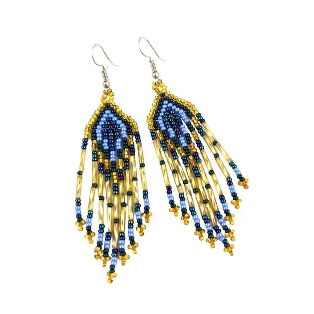 Handmade Blue Gold Beaded Dangle Earrings - image 7