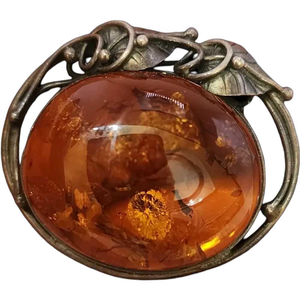 Stunning Baltic Amber and Sterling Art Nouveau Br… - image 1