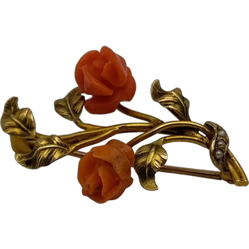 Two carved rose flower orange coral cultured pear… - image 1