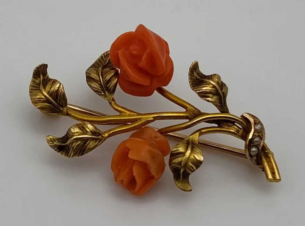 Two carved rose flower orange coral cultured pear… - image 2