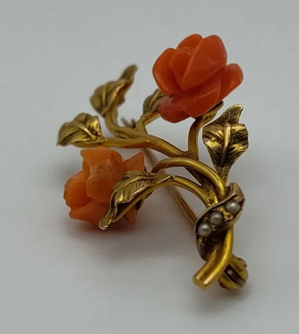 Two carved rose flower orange coral cultured pear… - image 3