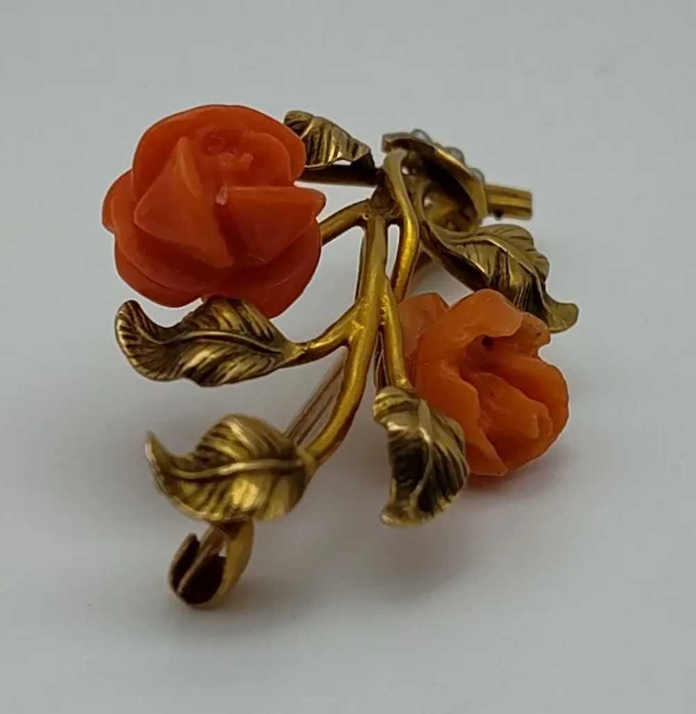 Two carved rose flower orange coral cultured pear… - image 5