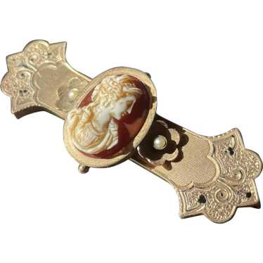 Antique Hard Stone Cameo Pin - 10K Gold / Pearls … - image 1