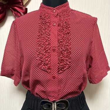 Retro frill blouse with band collar, polka dot pat