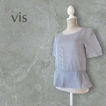 【vis】M blue white stripe pattern short-sleeved bl… - image 1