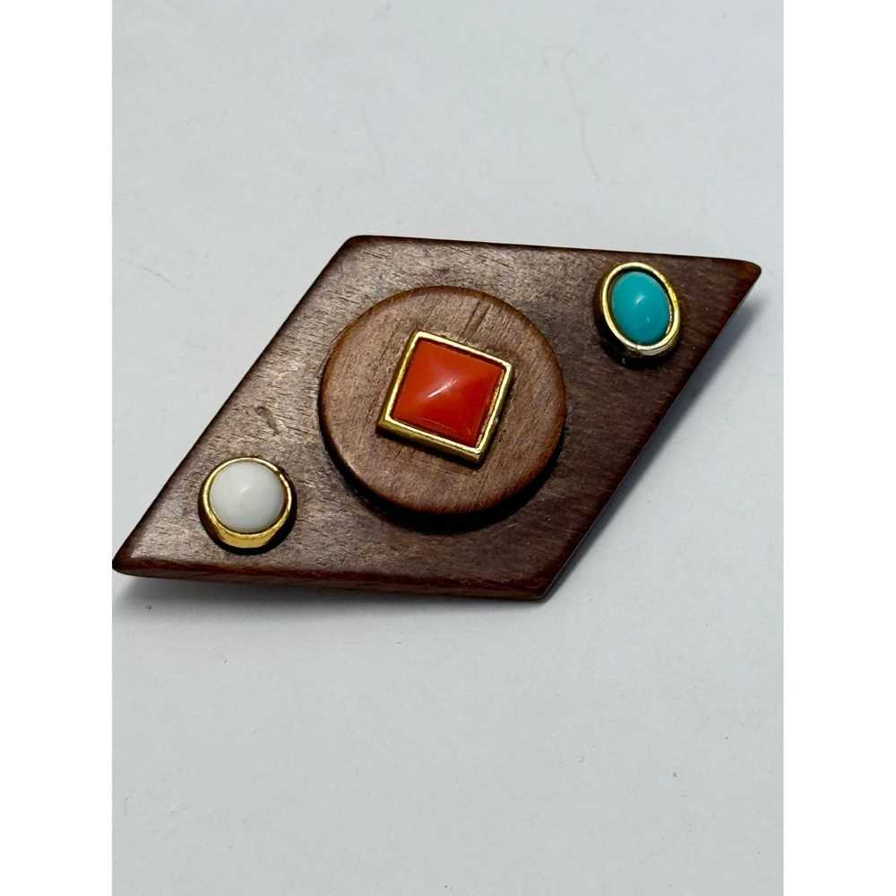 Vintage Vintage wooden stone brooch pin - image 2