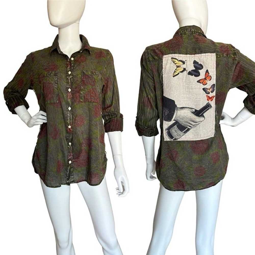 The Nu Vintage Button Shirt Size L Green Red Rose… - image 1