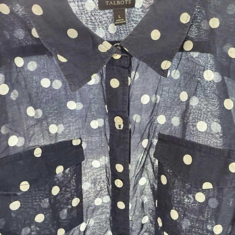 TALBOTS Polka Dot Sheer Shirt Navy 100% Cotton - image 8