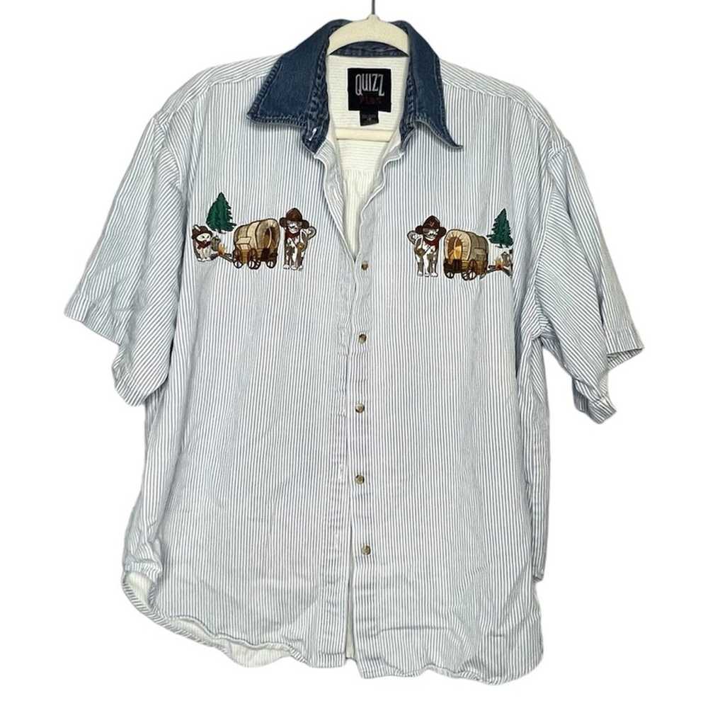 Vintage Quizz Cat Western Embroidered Striped But… - image 1