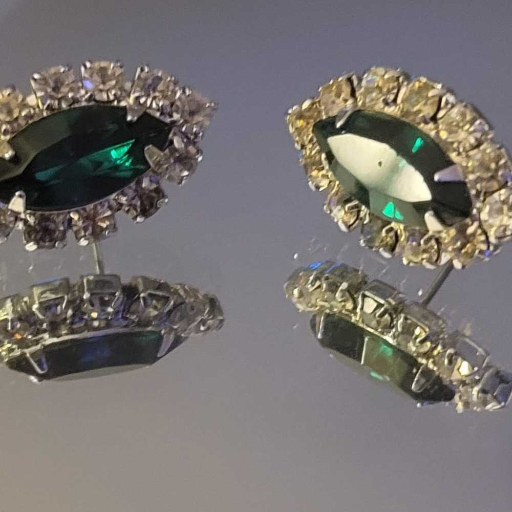 Vintage Costume  Earrings Emerald Green Stone Rhi… - image 1