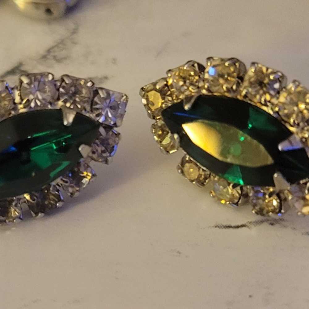 Vintage Costume  Earrings Emerald Green Stone Rhi… - image 2