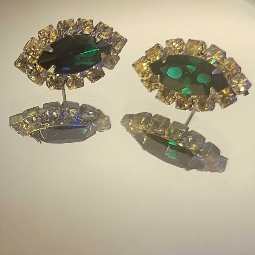 Vintage Costume  Earrings Emerald Green Stone Rhi… - image 3