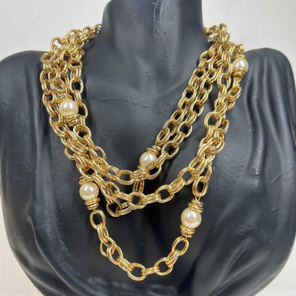 Vintage Double Strand Pearl Gold Tone Necklace - … - image 1