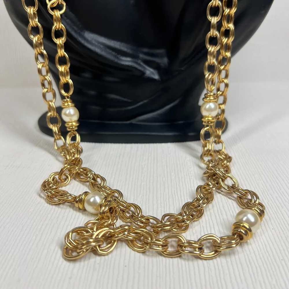 Vintage Double Strand Pearl Gold Tone Necklace - … - image 2