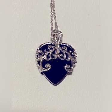 10K White Gold Onyx Heart Pendant Necklace, Filig… - image 1