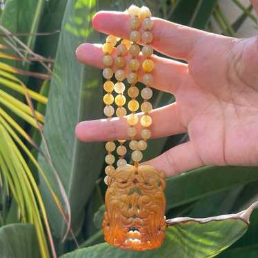 Chinese carved Hetian jade pendant gold tone neck… - image 1