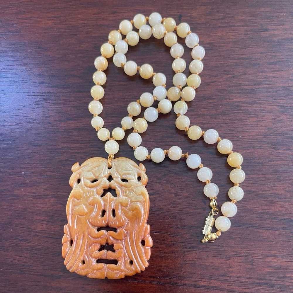 Chinese carved Hetian jade pendant gold tone neck… - image 2