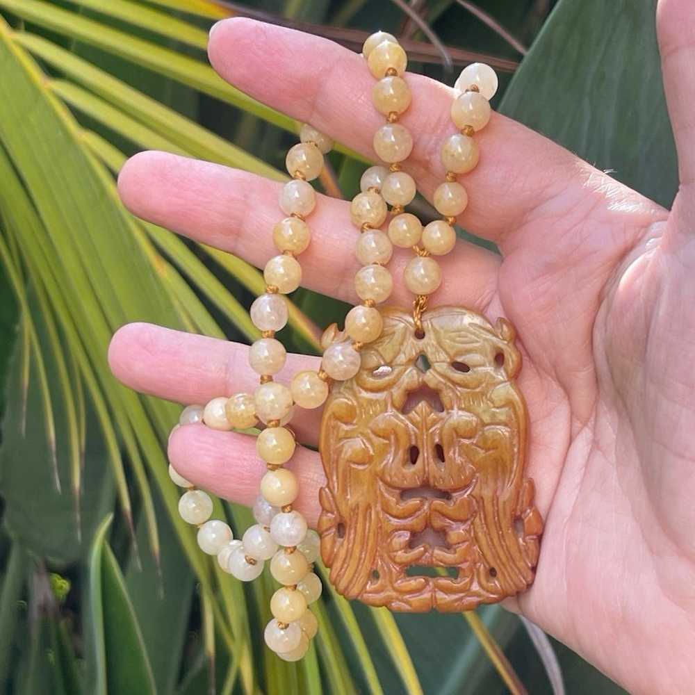 Chinese carved Hetian jade pendant gold tone neck… - image 9