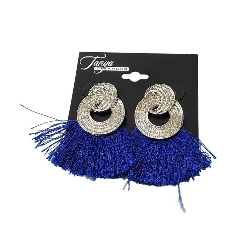 Vintage Blue Tassel Earrings Engraved Silver Tone - image 1