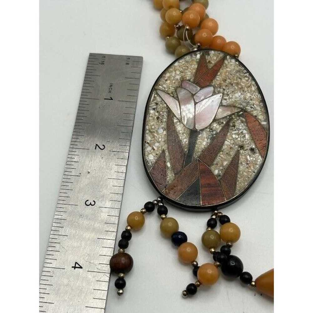 Vintage Tulip Inlay Pendant Black Brown Beaded Ne… - image 8