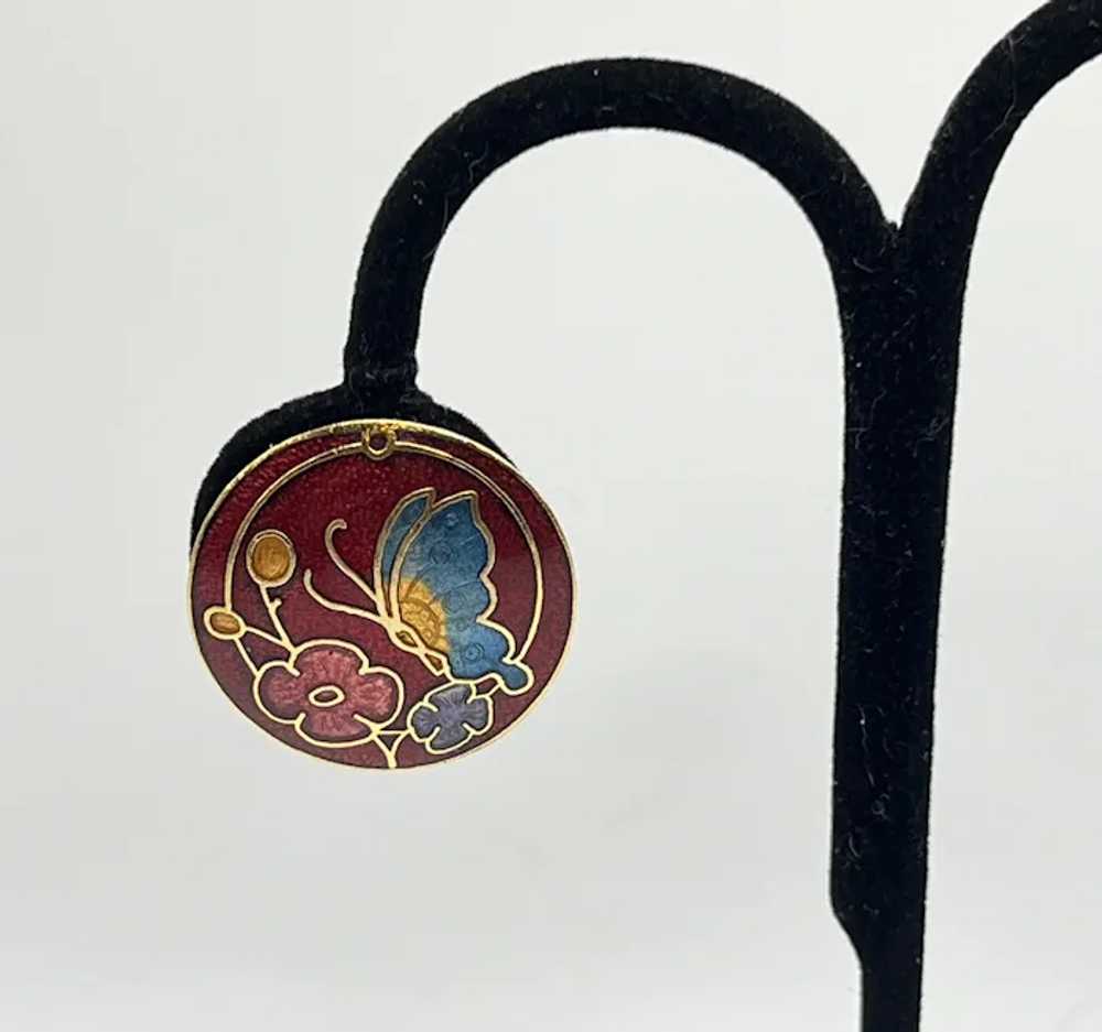 Vintage Cloisonne Butterfly Floral Clip On Earrin… - image 3