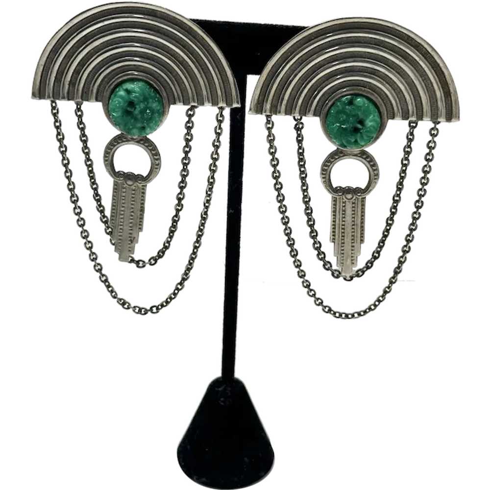 Vintage silver green Peking earrings - image 1