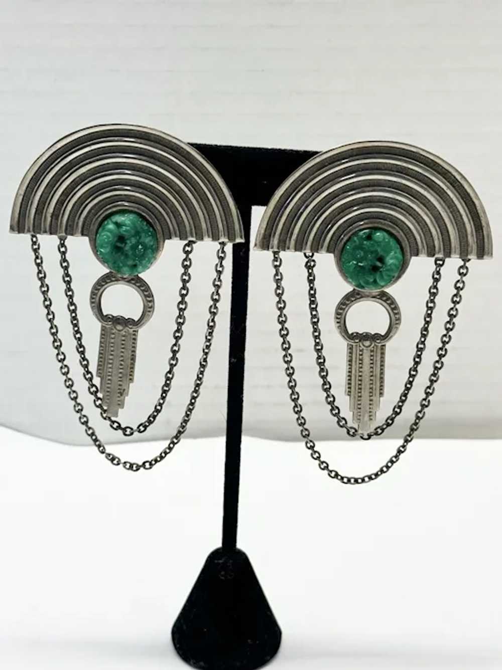 Vintage silver green Peking earrings - image 2