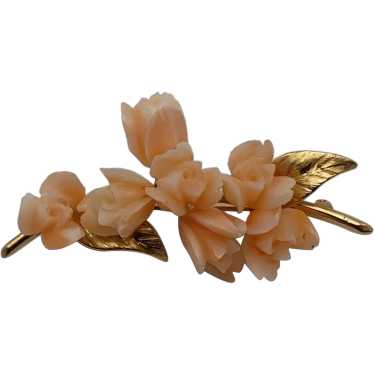 Seven carved rose flower angle skin coral 14k yel… - image 1