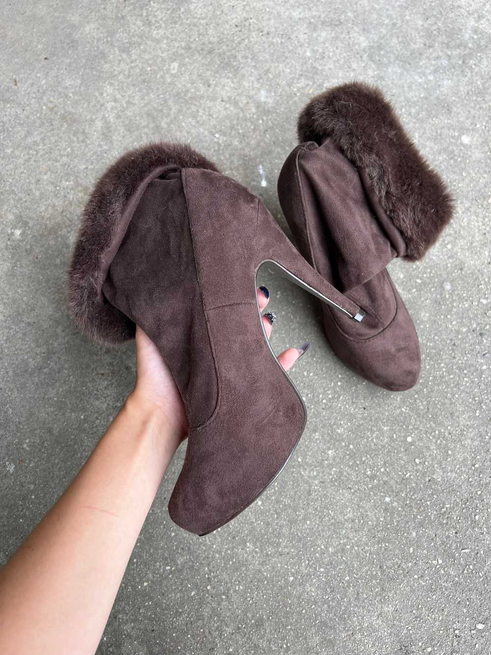 faux fur brown heeled booties - image 2