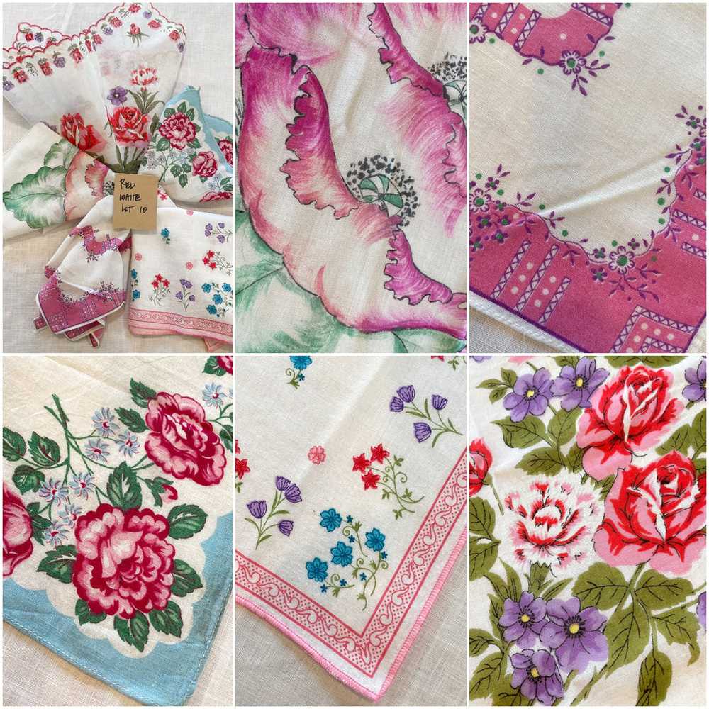 Vintage 40s/50s Hankies, Red White Pink, 5 Piece … - image 1