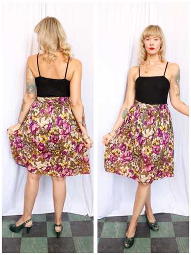 1930s Purple & Yellow Floral Jersey Knit Skirt - M