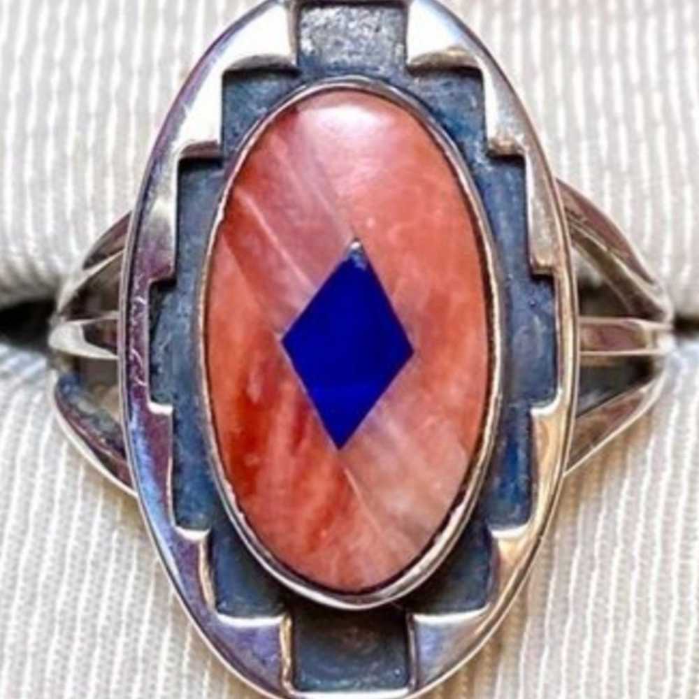 Sterling Silver Teme Coral Lapis Southwestern Geo… - image 1