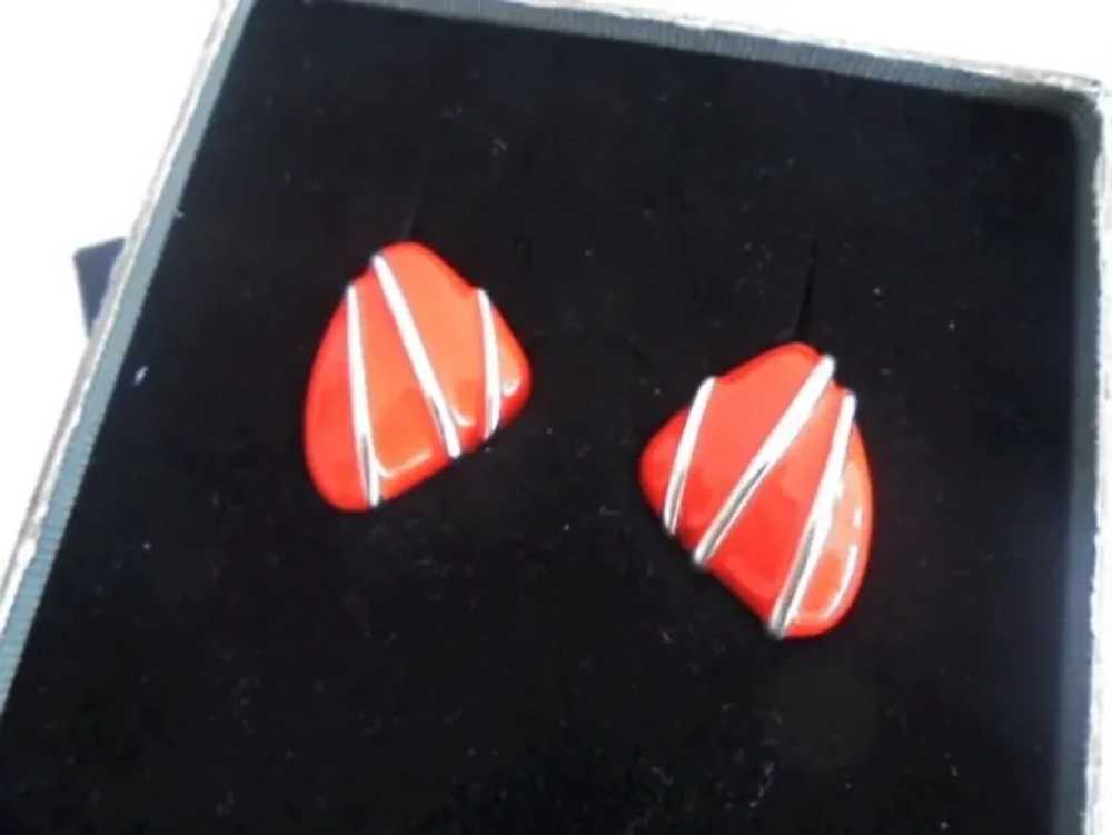 MONET EARRINGS enamel in coral red color & silver… - image 2