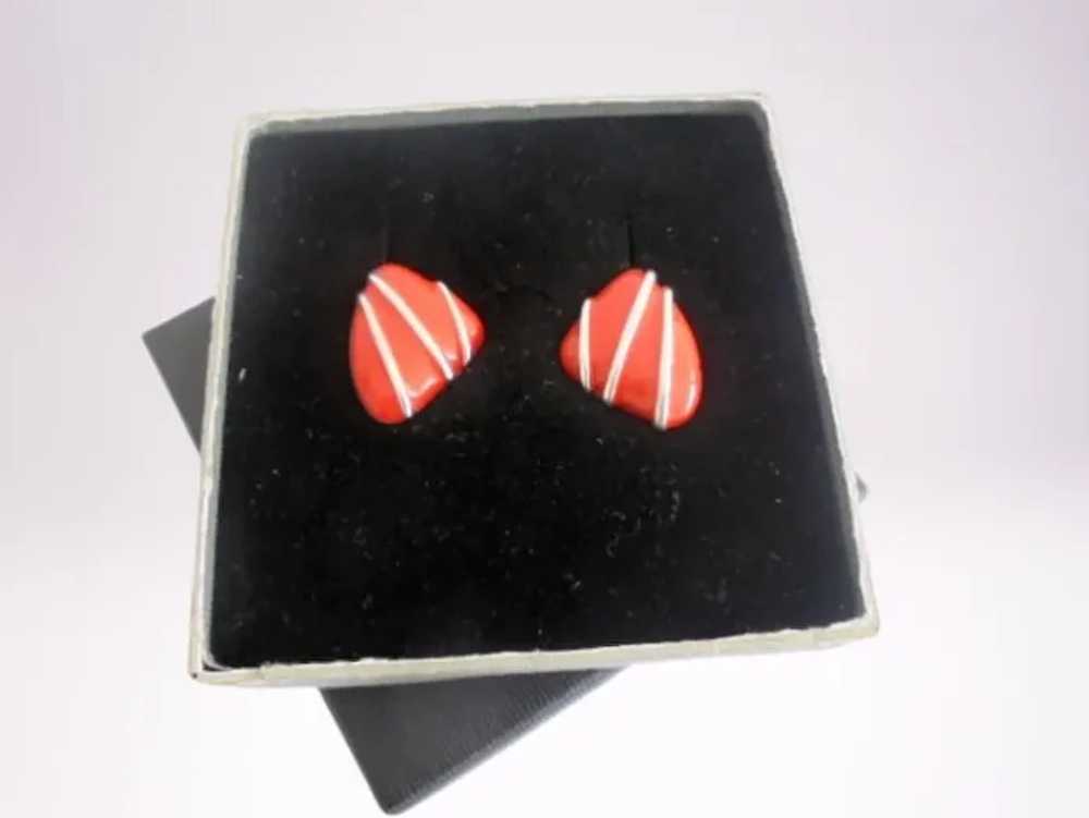 MONET EARRINGS enamel in coral red color & silver… - image 3