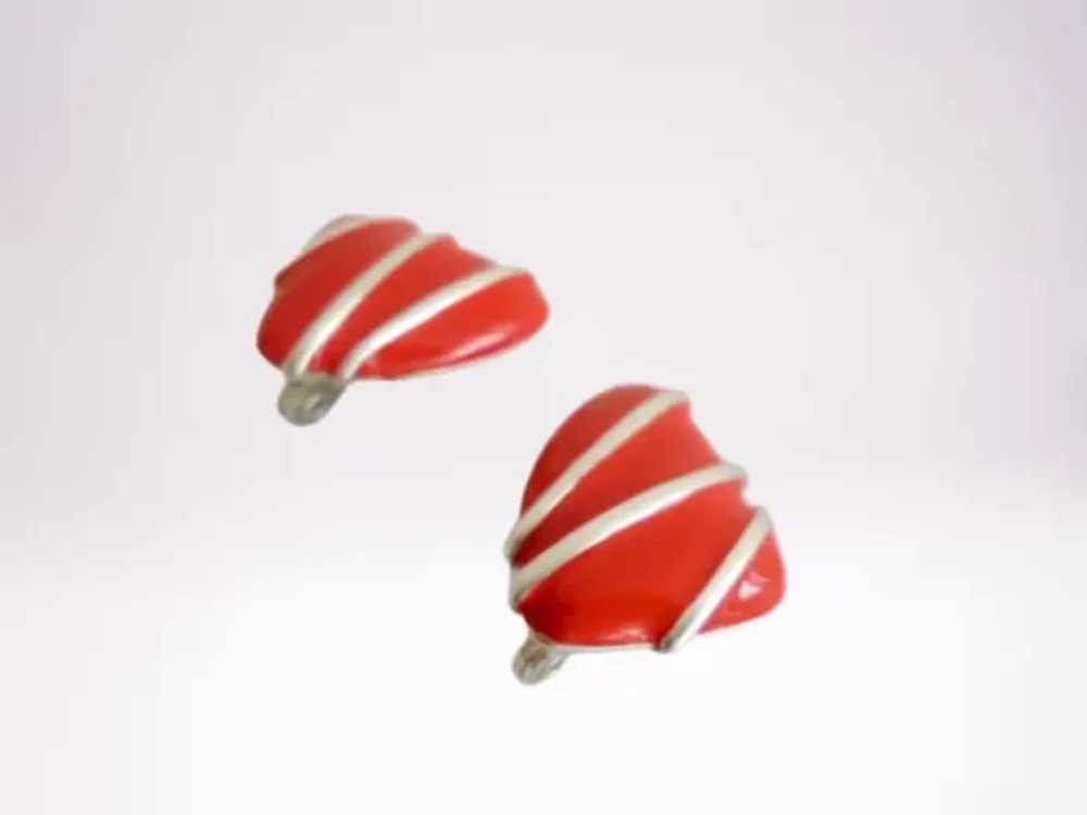 MONET EARRINGS enamel in coral red color & silver… - image 4