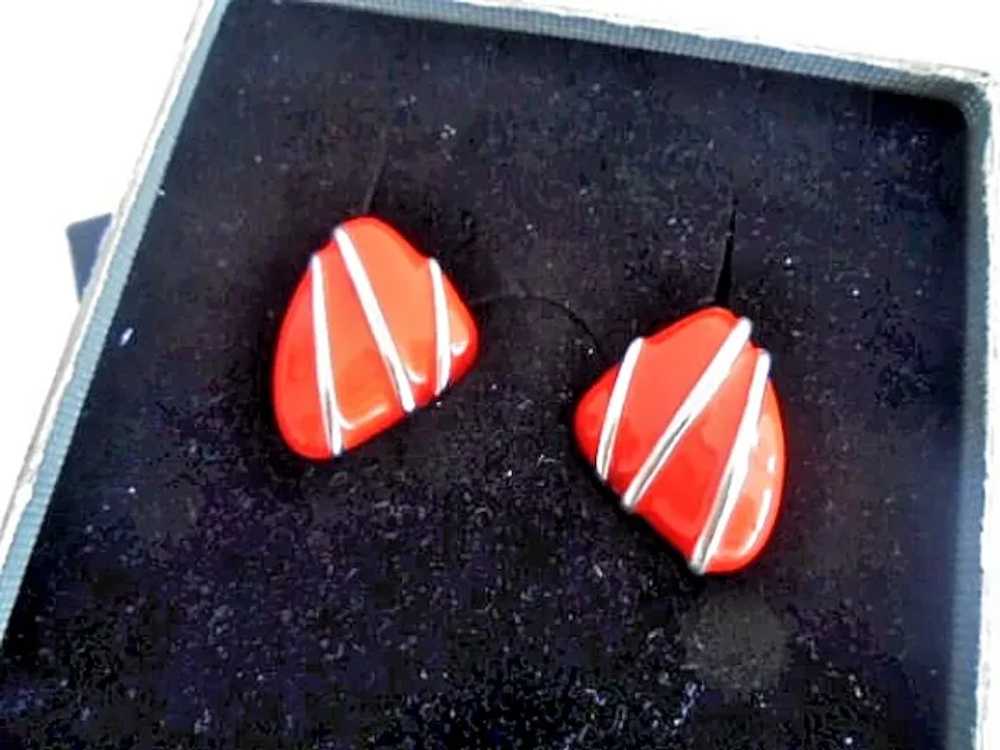 MONET EARRINGS enamel in coral red color & silver… - image 6