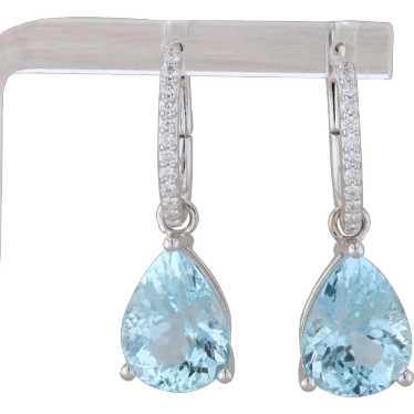 14k White Gold Diamond and Pear Shaped Aqua Dangl… - image 1