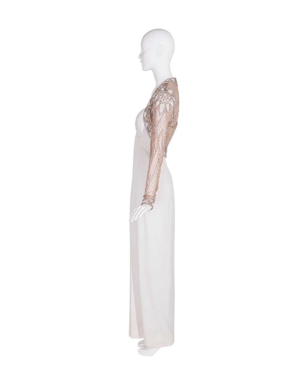 1980's Semi-Sheer White Embellished Gown - image 4