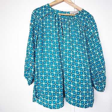 Loft Loft Teal Geometric Print Lace Inset Blouse … - image 1