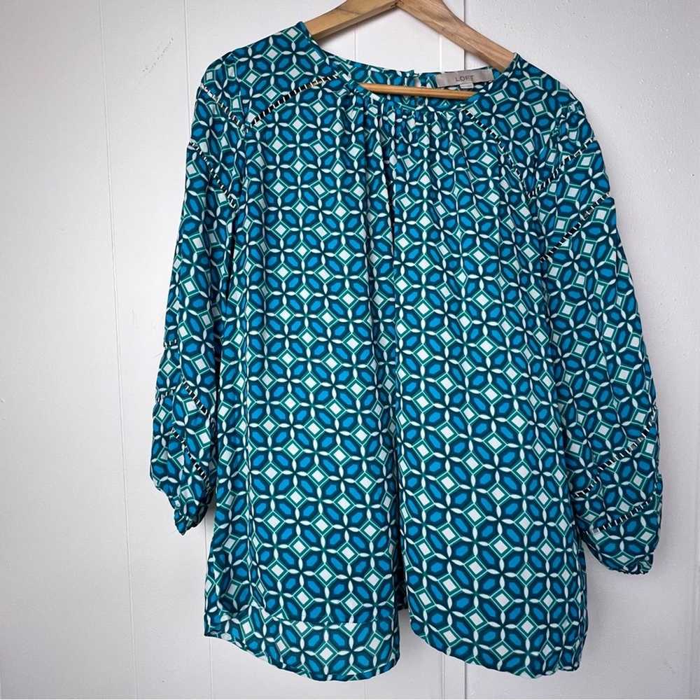 Loft Loft Teal Geometric Print Lace Inset Blouse … - image 8