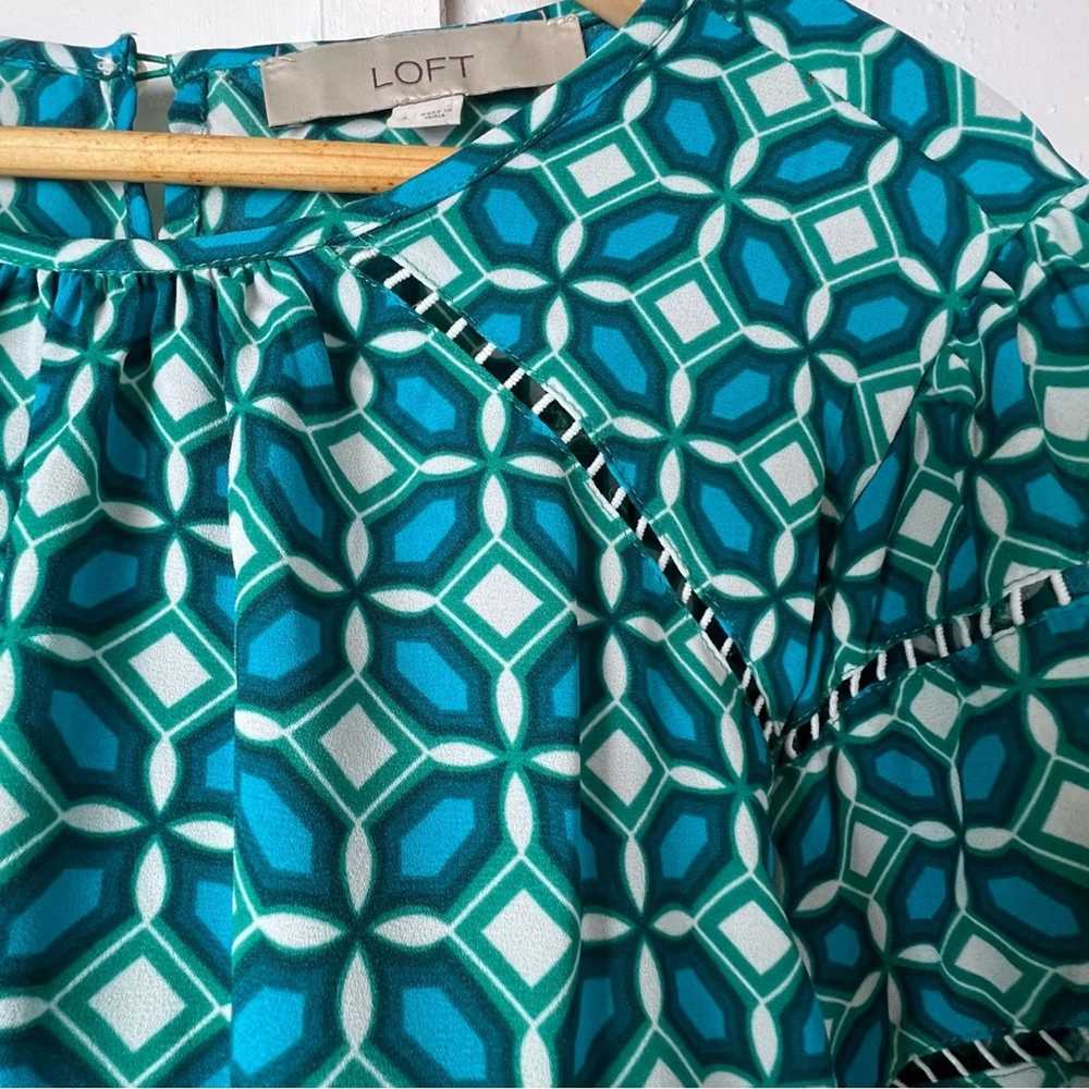 Loft Loft Teal Geometric Print Lace Inset Blouse … - image 9