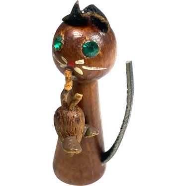 Unusual Wooden Enameled Leather Rhinestone Cat An… - image 1