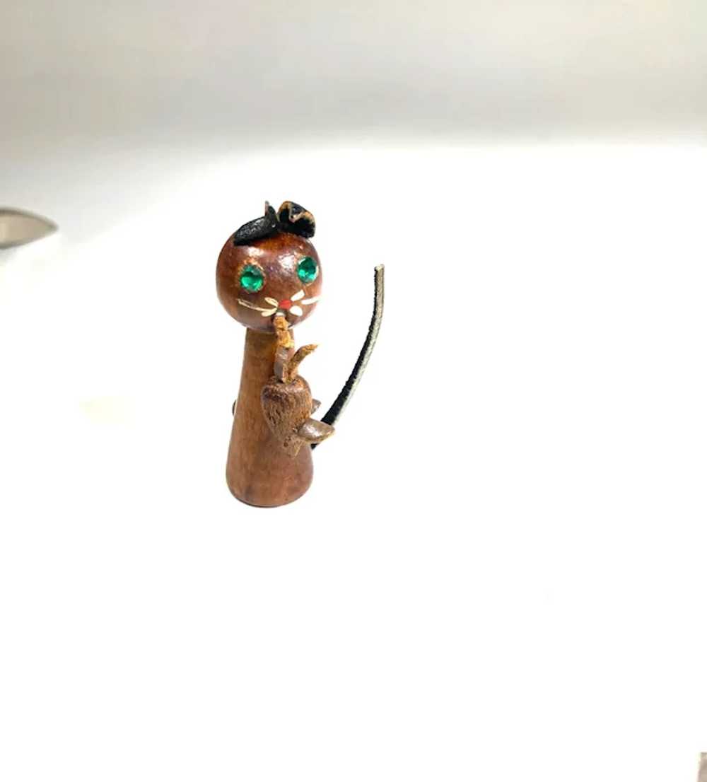 Unusual Wooden Enameled Leather Rhinestone Cat An… - image 3