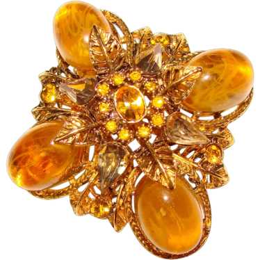 Fabulous HIGH DOME Amber Lucite & Rhinestone Vinta