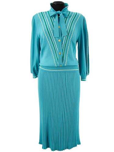 Vintage 1970s Italian Turquoise Knitted Jumper & … - image 1