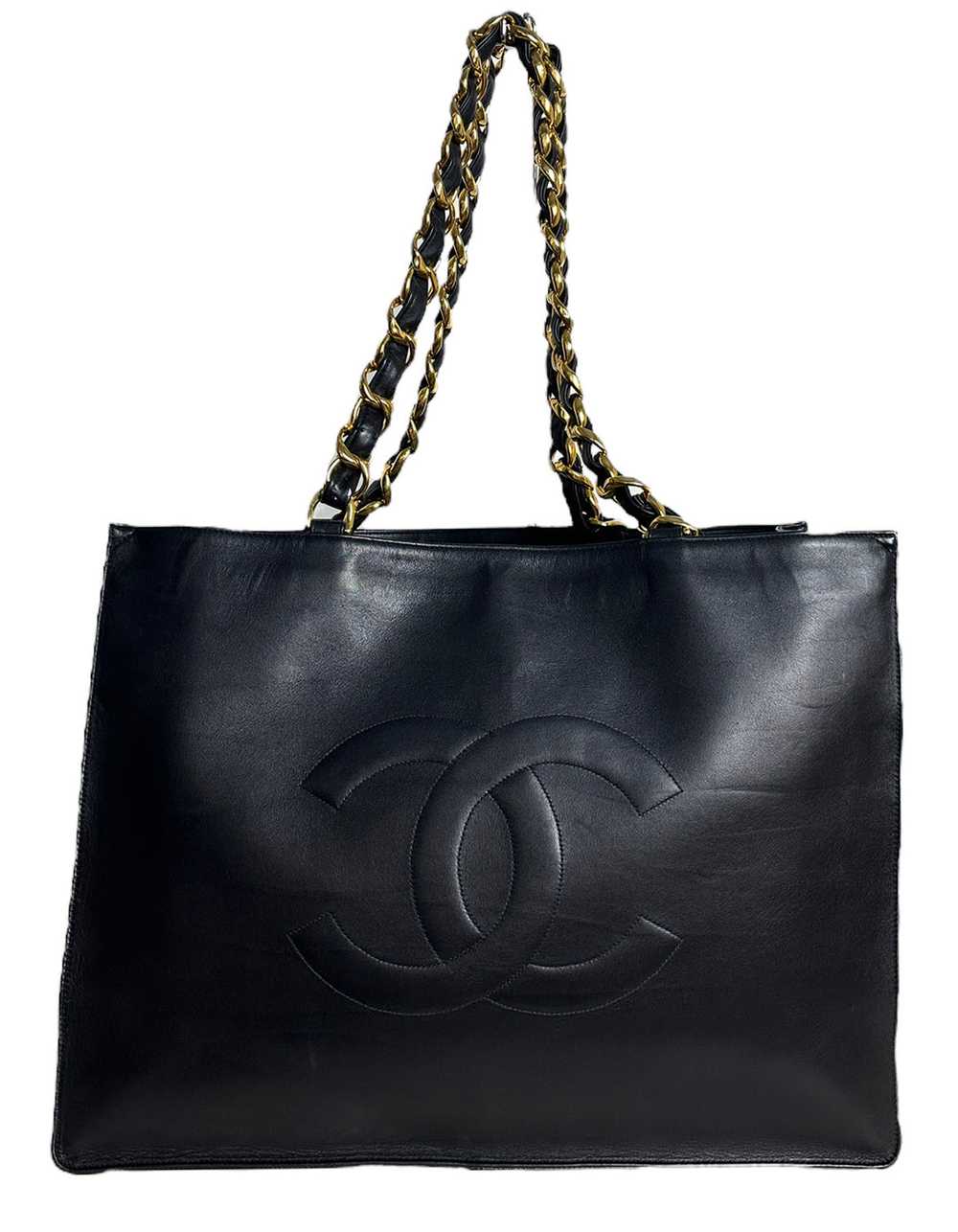 Chanel Vintage Black Leather CC Logo Tote - image 1